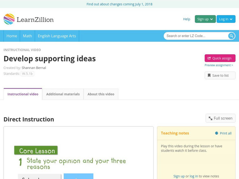 Learn Zillion: Develop Supporting Ideas Instructional Video Learn Zillion: Develop Supporting Ideas Instructional Video