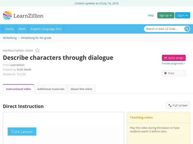 Learn Zillion: Describe Characters Through Dialogue Instructional Video Learn Zillion: Describe Characters Through Dialogue Instructional Video