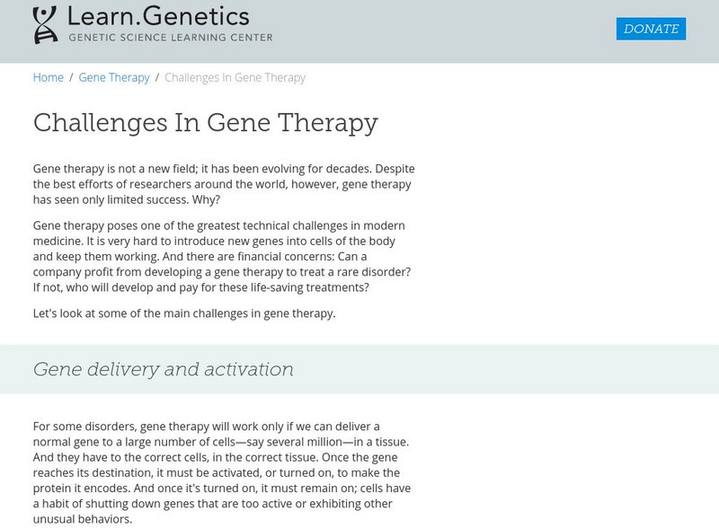 University of Utah: Learn Genetics: Challenges in Gene Therapy Handout University of Utah: Learn Genetics: Challenges in Gene Therapy Handout