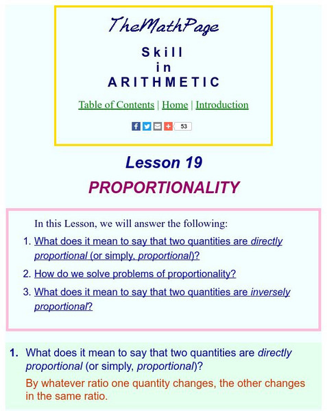 The Math Page: Skill in Arithmetic: Proportionality Unit Plan The Math Page: Skill in Arithmetic: Proportionality Unit Plan
