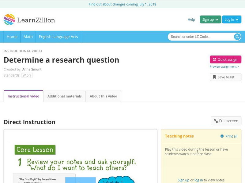 Learn Zillion: Determine a Research Question Instructional Video Learn Zillion: Determine a Research Question Instructional Video