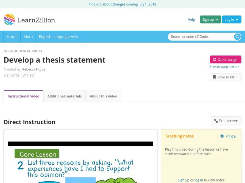 Learn Zillion: Develop a Thesis Statement Instructional Video