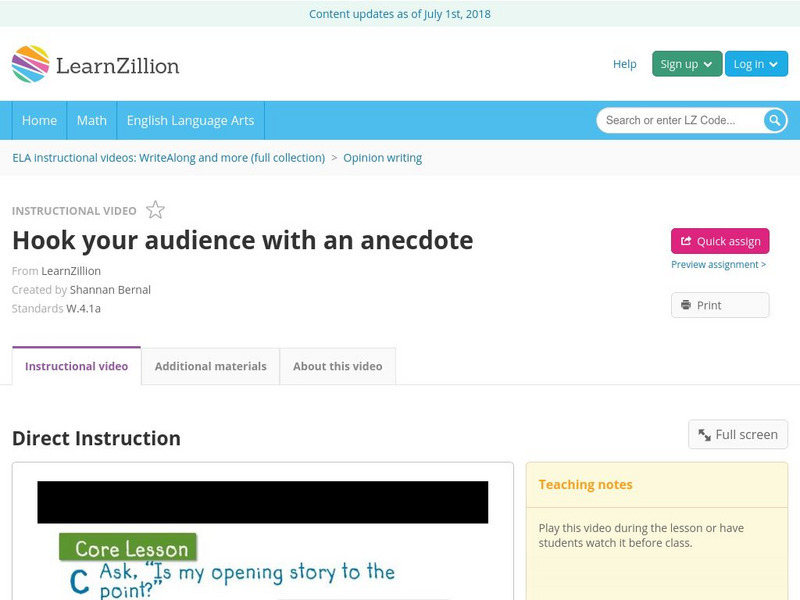 Learn Zillion: Hook Your Audience With an Anecdote Instructional Video
