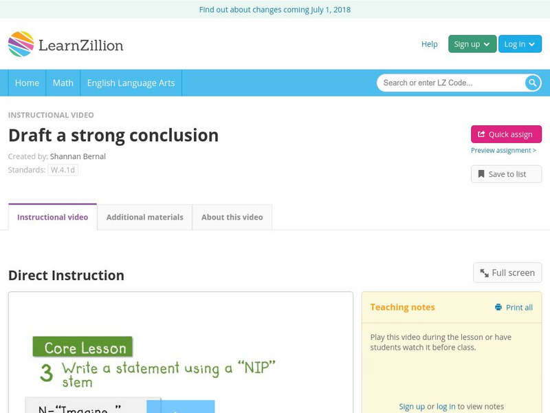 Learn Zillion: Draft a Strong Conclusion Instructional Video Learn Zillion: Draft a Strong Conclusion Instructional Video