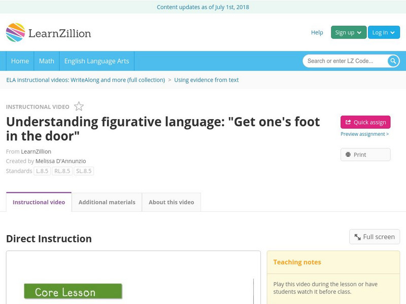 Learn Zillion: Understanding Figurative Language: "Get One's Foot in the Door" Instructional Video Learn Zillion: Understanding Figurative Language: "Get One's Foot in the Door" Instructional Video