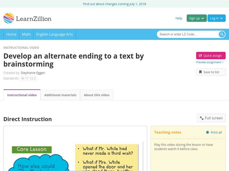 Learn Zillion: Develop an Alternate Ending to a Text by Brainstorming Instructional Video