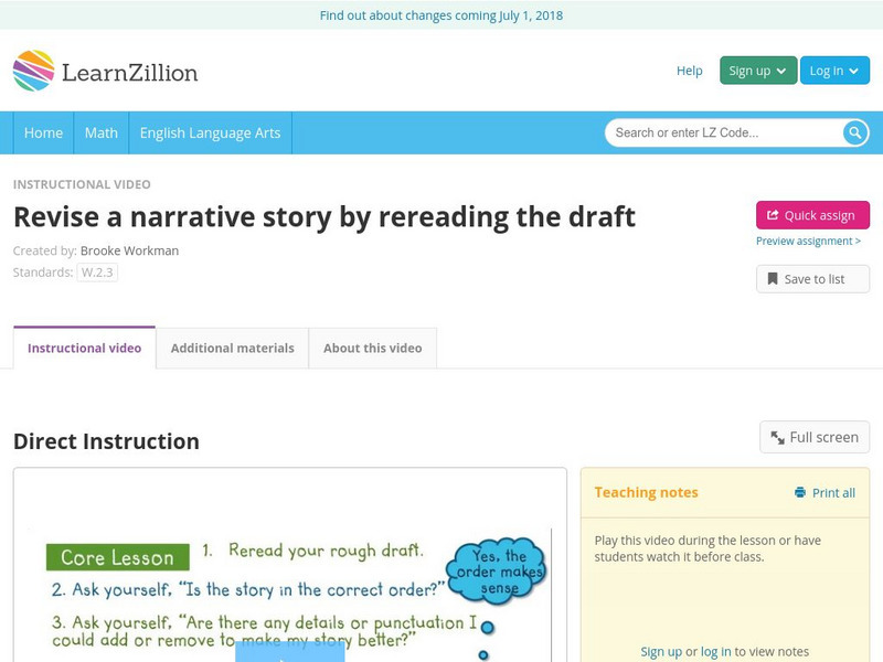 Learn Zillion: Revise a Narrative Story by Rereading the Draft Instructional Video Learn Zillion: Revise a Narrative Story by Rereading the Draft Instructional Video