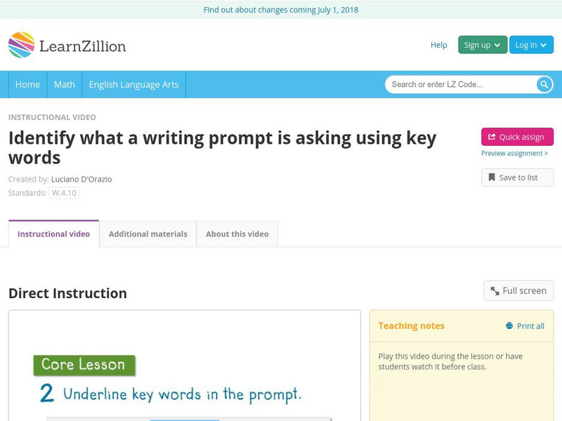 Learn Zillion: Identify What a Writing Prompt Is Asking Using Key Words Instructional Video Learn Zillion: Identify What a Writing Prompt Is Asking Using Key Words Instructional Video