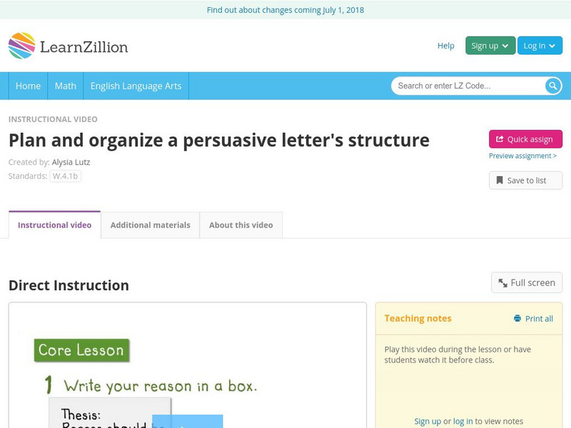 Learn Zillion: Plan and Organize a Persuasive Letter's Structure Instructional Video Learn Zillion: Plan and Organize a Persuasive Letter's Structure Instructional Video
