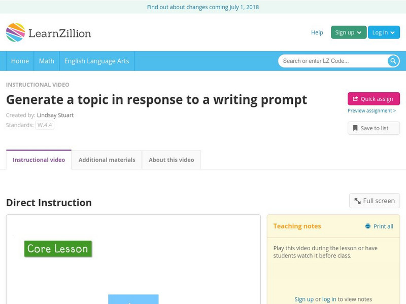 Learn Zillion: Generate a Topic in Response to a Writing Prompt Instructional Video Learn Zillion: Generate a Topic in Response to a Writing Prompt Instructional Video