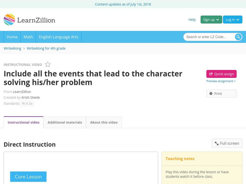 Learn Zillion: Include Events That Lead to the Character Solving His/her Problem Instructional Video