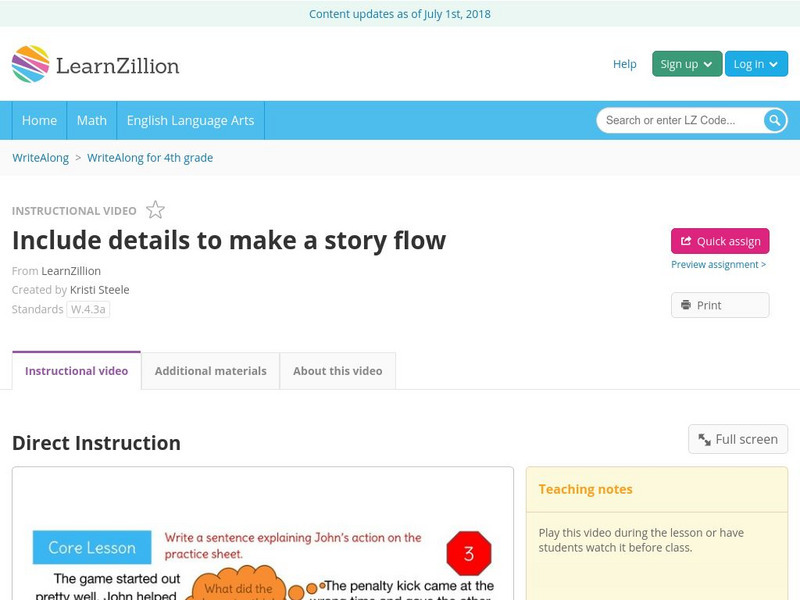 Learn Zillion: Include Details to Make a Story Flow Instructional Video Learn Zillion: Include Details to Make a Story Flow Instructional Video