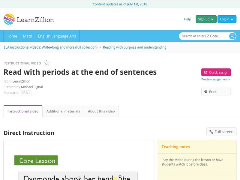 Learn Zillion: Read With Periods at the End of Sentences Instructional Video Learn Zillion: Read With Periods at the End of Sentences Instructional Video
