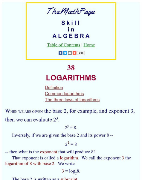 The Math Page: Skill in Algebra: Logarithms Activity
