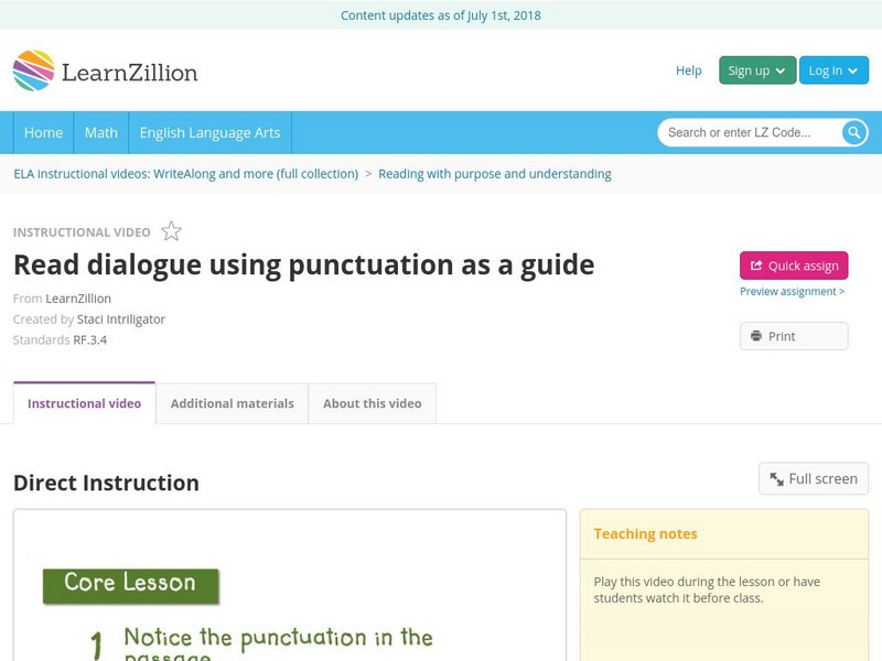 Learn Zillion: Read Dialogue Using Punctuation as a Guide Instructional Video