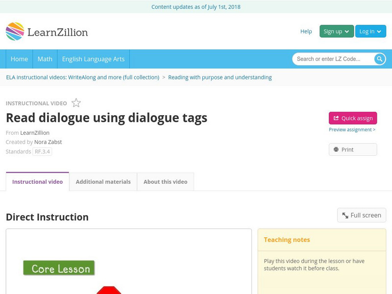 Learn Zillion: Read Dialogue Using Dialogue Tags Instructional Video