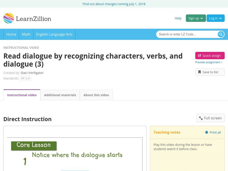 Learn Zillion: Read Dialogue by Recognizing Characters, Verbs, and Dialogue (1) Instructional Video
