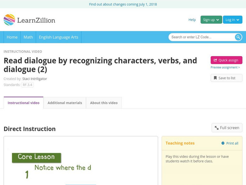 Learn Zillion: Read Dialogue by Recognizing Characters, Verbs, and Dialogue (2) Instructional Video