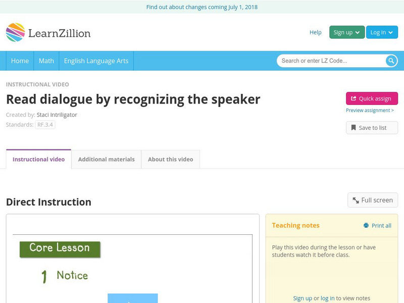 Learn Zillion: Read Dialogue by Recognizing the Speaker Instructional Video