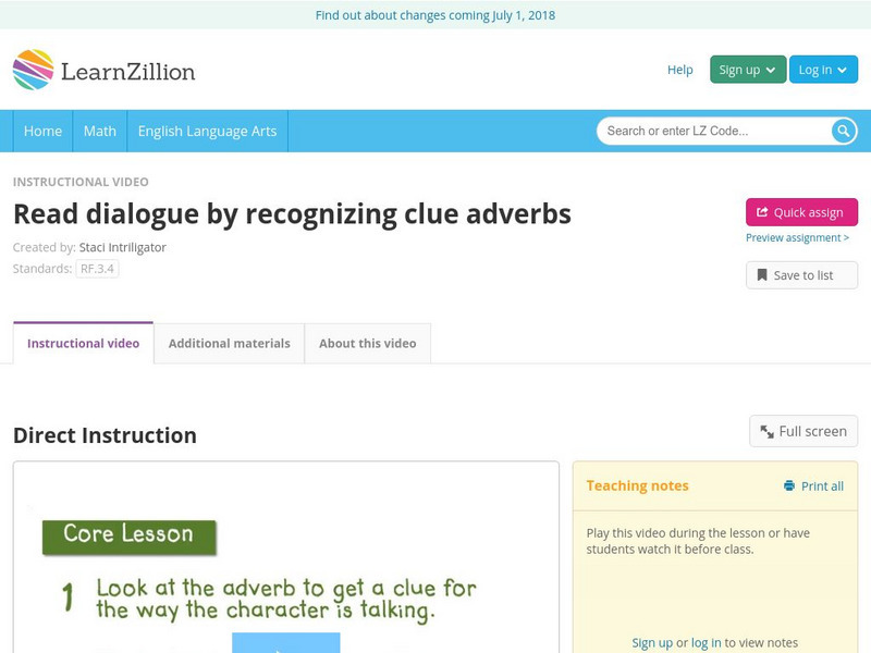 Learn Zillion: Read Dialogue by Recognizing Clue Adverbs Instructional Video