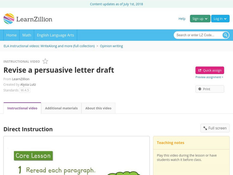 Learn Zillion: Revise a Persuasive Letter Draft Instructional Video Learn Zillion: Revise a Persuasive Letter Draft Instructional Video