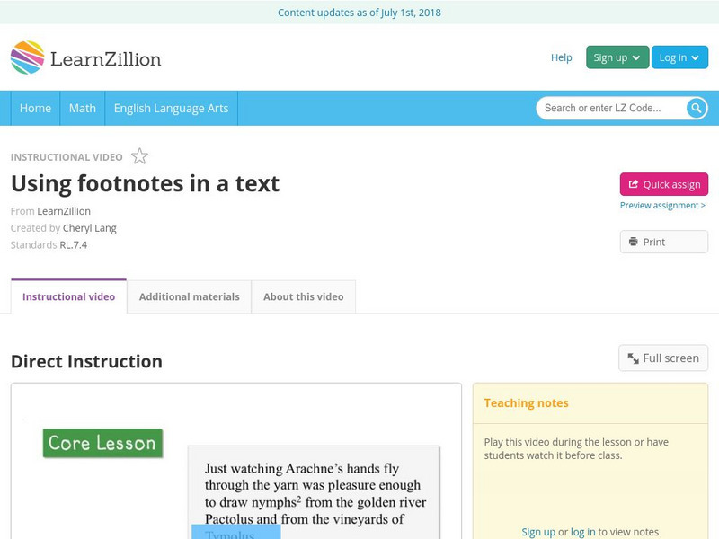 Learn Zillion: Using Footnotes in a Text Instructional Video