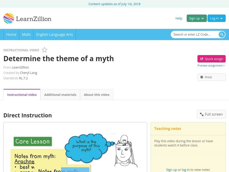 Learn Zillion: Determine the Theme of a Myth Instructional Video