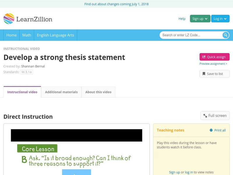 Learn Zillion: Develop a Strong Thesis Statement Instructional Video Learn Zillion: Develop a Strong Thesis Statement Instructional Video