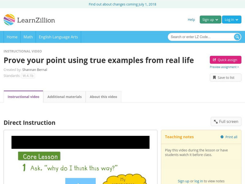 Learn Zillion: Prove Your Point Using True Examples From Real Life Instructional Video Learn Zillion: Prove Your Point Using True Examples From Real Life Instructional Video
