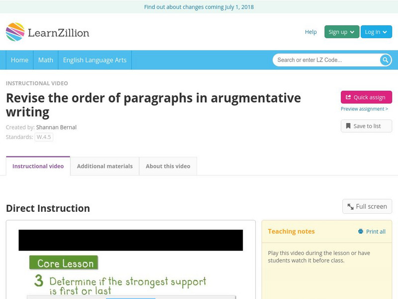 Learn Zillion: Revise the Order of Paragraphs in Arugmentative Writing Instructional Video Learn Zillion: Revise the Order of Paragraphs in Arugmentative Writing Instructional Video