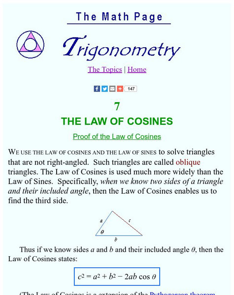The Math Page: Trigonometry: The Law of Cosines Unit Plan