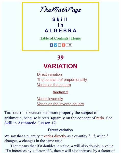 The Math Page: Skill in Algebra: Variation Activity The Math Page: Skill in Algebra: Variation Activity