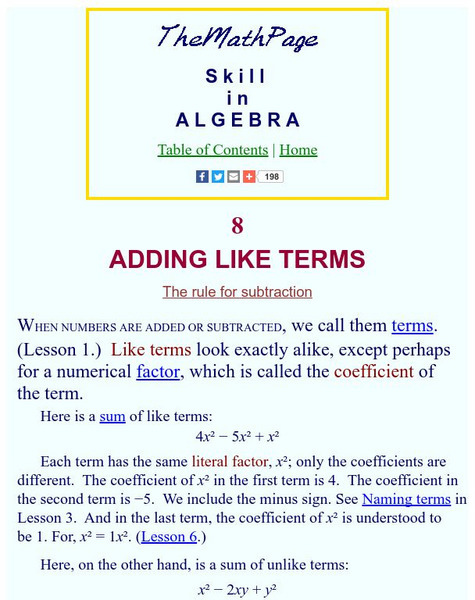 The Math Page: Skill in Algebra: Adding Like Terms Activity