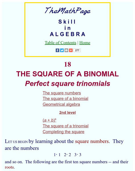 The Math Page: Skill in Algebra: Perfect Trinomial Square Unit Plan The Math Page: Skill in Algebra: Perfect Trinomial Square Unit Plan