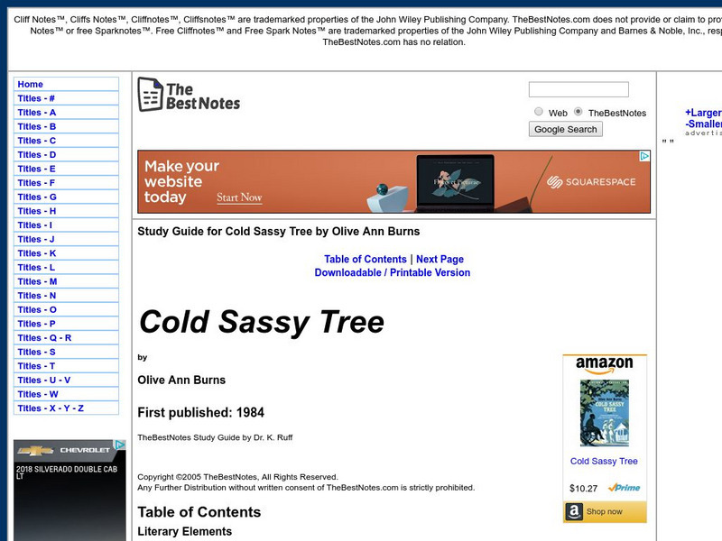 The Best Notes: Cold Sassy Tree by Olive Ann Burns Unit Plan