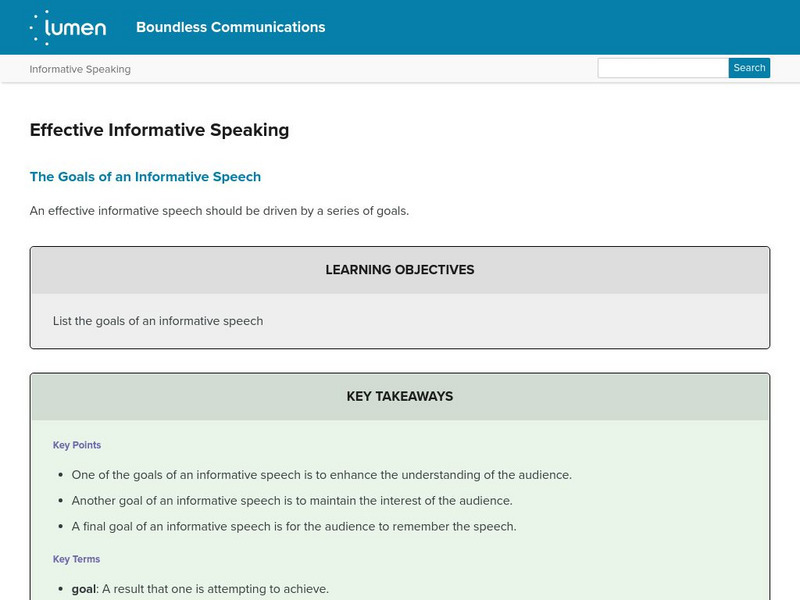 Lumen: Boundless Communications: Effective Informative Speaking Lesson Plan Lumen: Boundless Communications: Effective Informative Speaking Lesson Plan