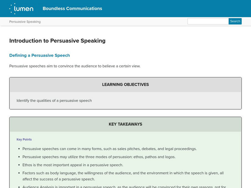 Lumen: Boundless Communications: Introduction to Persuasive Speaking Lesson Plan Lumen: Boundless Communications: Introduction to Persuasive Speaking Lesson Plan