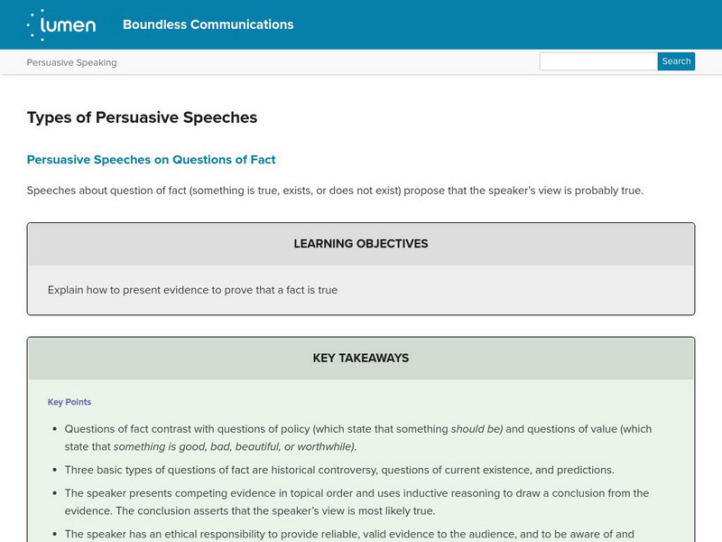 Lumen: Boundless Communications: Types of Persuasive Speeches Lesson Plan Lumen: Boundless Communications: Types of Persuasive Speeches Lesson Plan