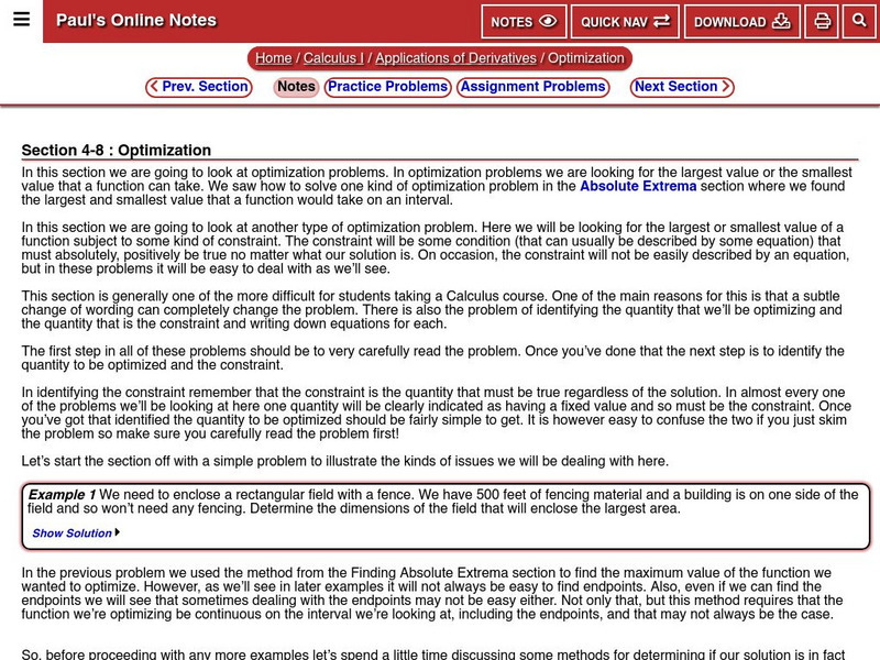 Paul's Online Notes: Optimization Interactive Paul's Online Notes: Optimization Interactive