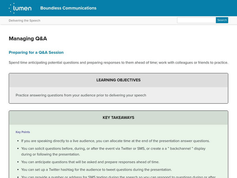Lumen: Boundless Communications: Managing Q&a Lesson Plan Lumen: Boundless Communications: Managing Q&a Lesson Plan