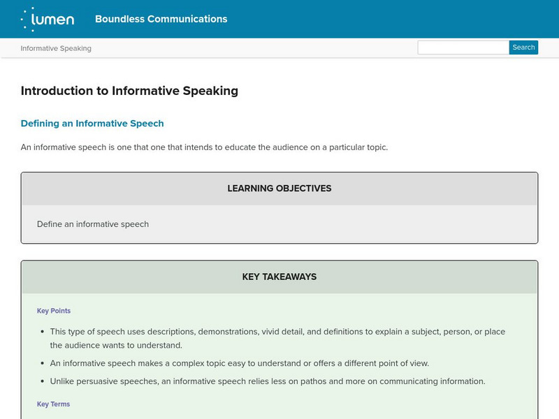 Lumen: Boundless Communications: Introduction to Informative Speaking Lesson Plan