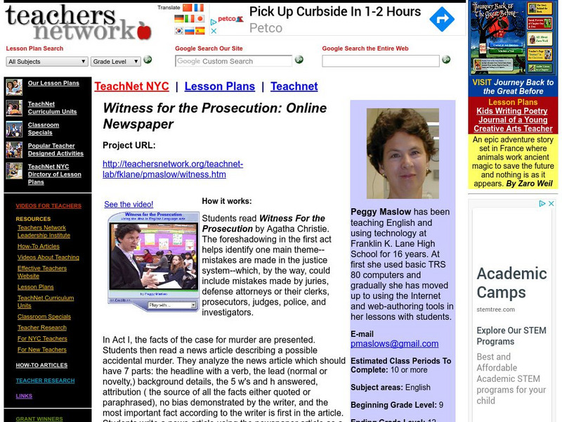 Teachers Network: Witness for the Prosecution: Online Newspaper Lesson Plan Teachers Network: Witness for the Prosecution: Online Newspaper Lesson Plan