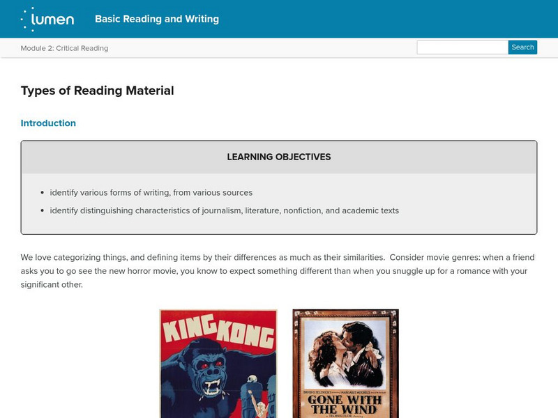 Lumen: Critical Reading: Types of Reading Material Lesson Plan Lumen: Critical Reading: Types of Reading Material Lesson Plan