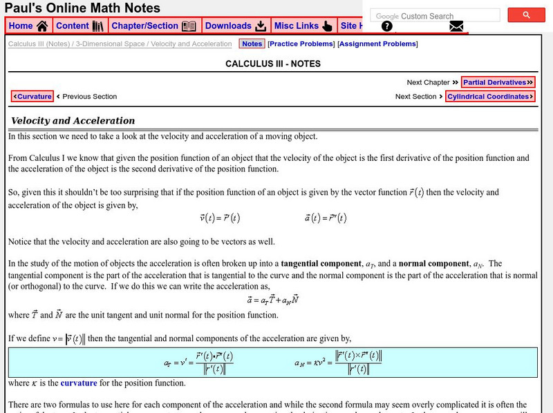 Paul's Online Notes: Velocity and Acceleration Handout