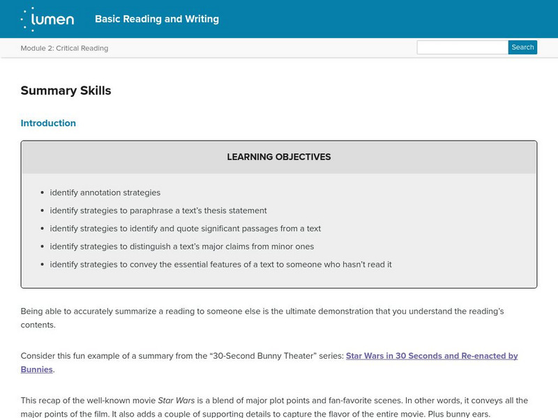 Lumen: Critical Reading: Summary Skills Lesson Plan Lumen: Critical Reading: Summary Skills Lesson Plan