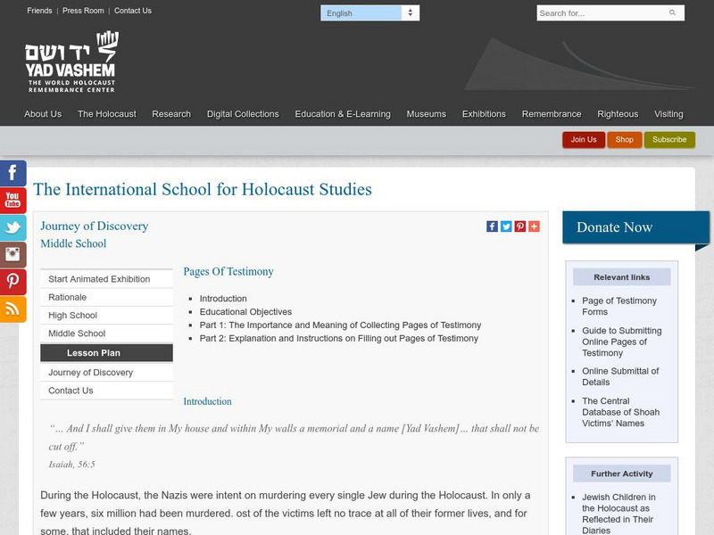 Yad Vashem: Journey of Discovery Lesson Plan Yad Vashem: Journey of Discovery Lesson Plan