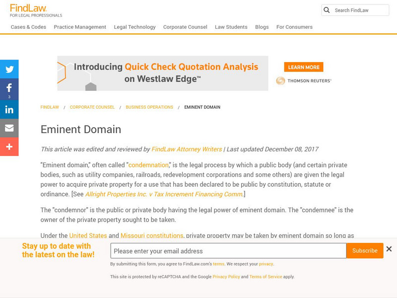 Find Law: Eminent Domain, What Is Eminent Domain? Website