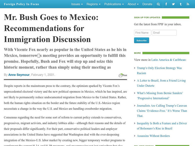 Mr. Bush Goes to Mexico: Recommendations for Immigration Discussion Article Mr. Bush Goes to Mexico: Recommendations for Immigration Discussion Article