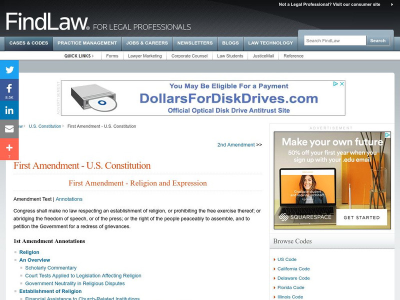 Find Law: u.s. Constitution: First Amendment Protections Handout Find Law: u.s. Constitution: First Amendment Protections Handout