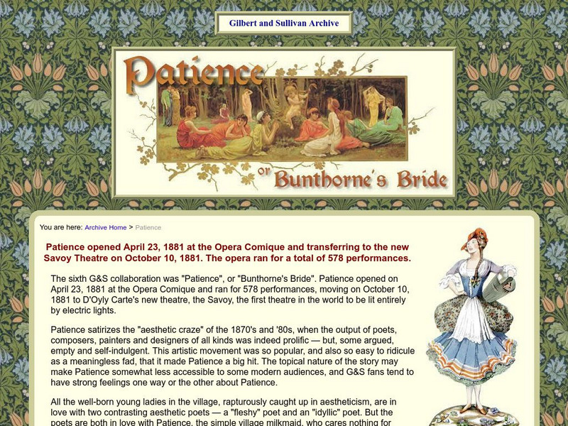 The Gilbert and Sullivan Archive: Patience Handout The Gilbert and Sullivan Archive: Patience Handout